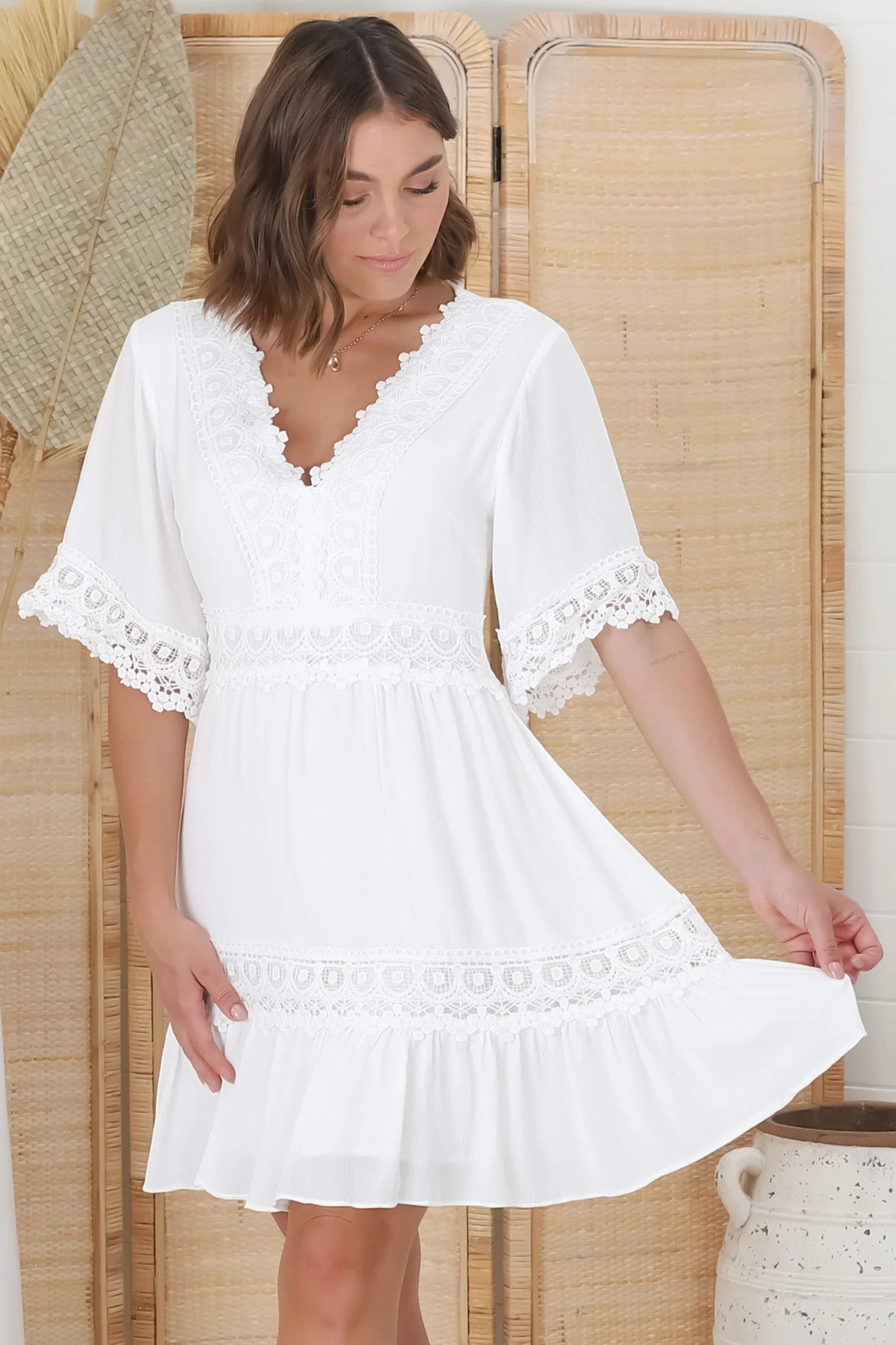 Lace Embellished Tiered Dress with Bell Sleeves in White