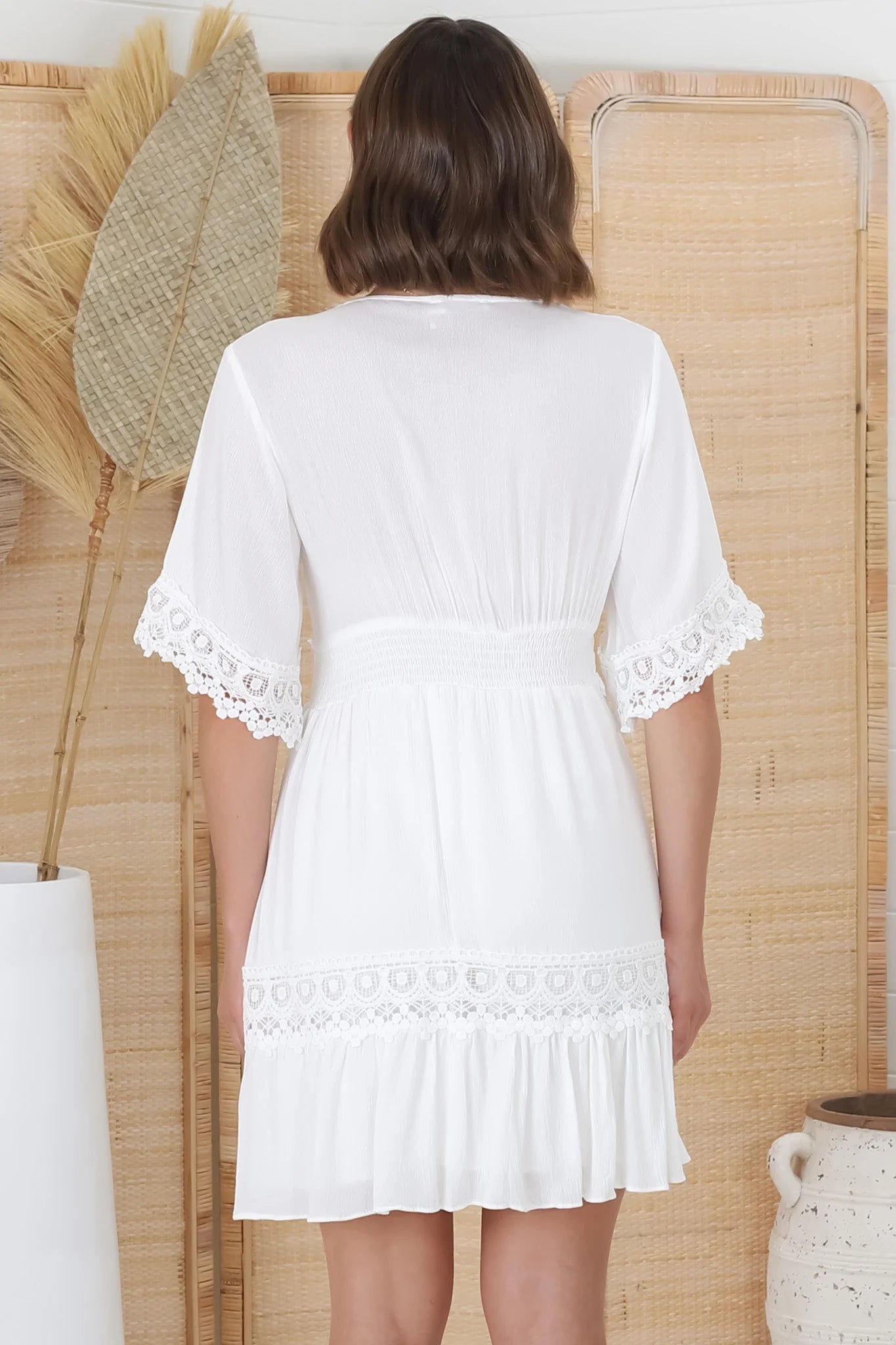 Lace Embellished Tiered Dress with Bell Sleeves in White