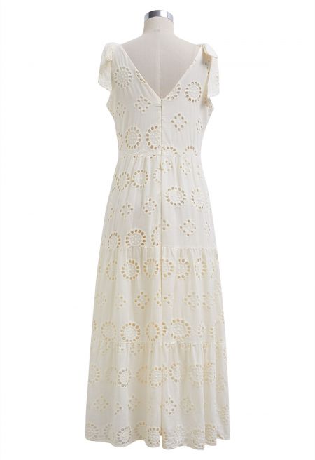 Geometric Eyelet Embroidery Bowknot Shoulder Midi Dress in Cream