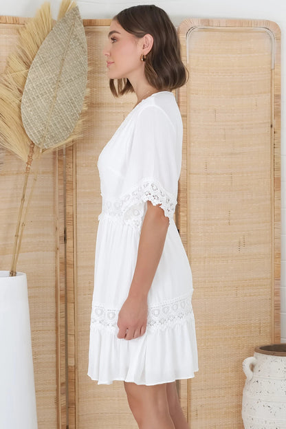 Lace Embellished Tiered Dress with Bell Sleeves in White